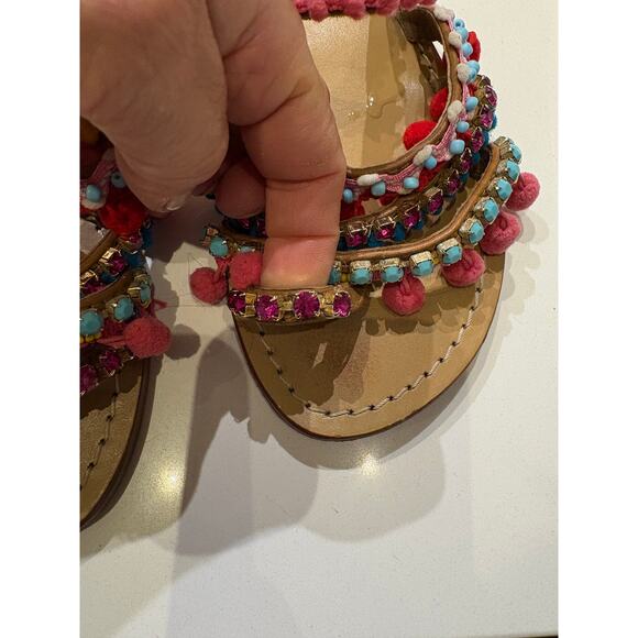 Mystique Tokyo Gladiator Pom Pom Rhinestone Roman Slides Leather 37 7 - Picture 3 of 8